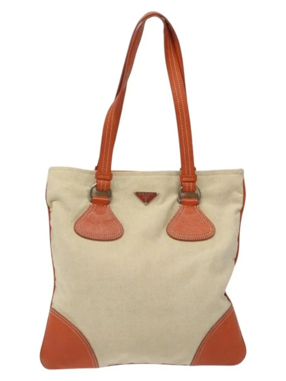 PRADA Hand Bag Canvas Beige Silver Auth EC559